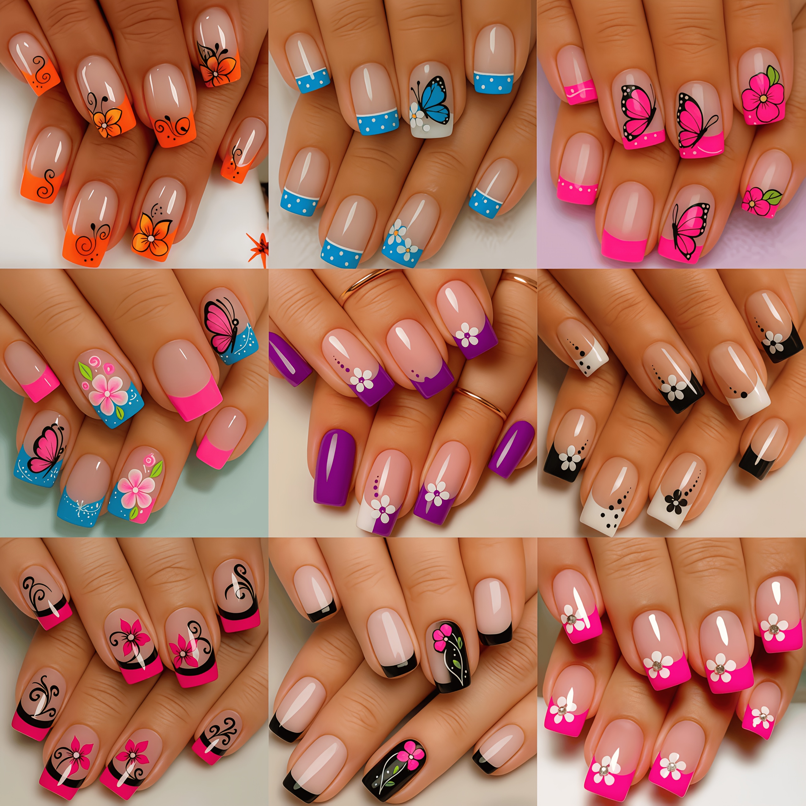 TEMU 216pcs Mid-length Square Press-on Fake Nails, In Orange, Blue, Pink, Black, Purple, Floral Stripes, Dot Patterns, Easy And Nails, Multi-colored