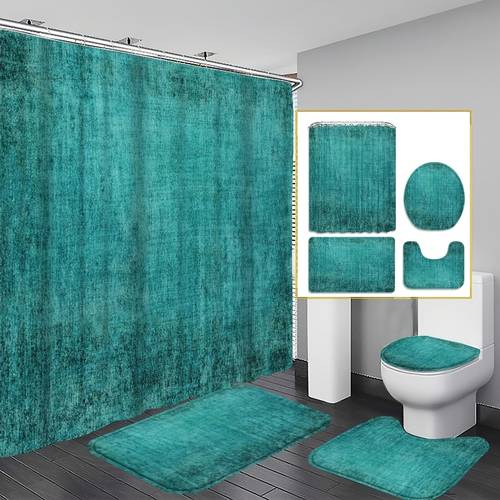 صورة العنصر طقم ستارة حمام بنسيج ريترو، 1/3/4 قطع، طباعة بنسيج تيل مبرد مدمج، ديكور حمام، حمام تتضمن غرفة حمام، على شكل حرف u، غطاء لغطاء المرحاض، مع 12 خطاف، ستارة حمام 180 سم، ديكور بسيط