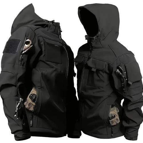 1pc chaqueta con cremallera para hombre, multi-bolsillos, a prueba , , con capucha, adecuada para senderismo y ocio