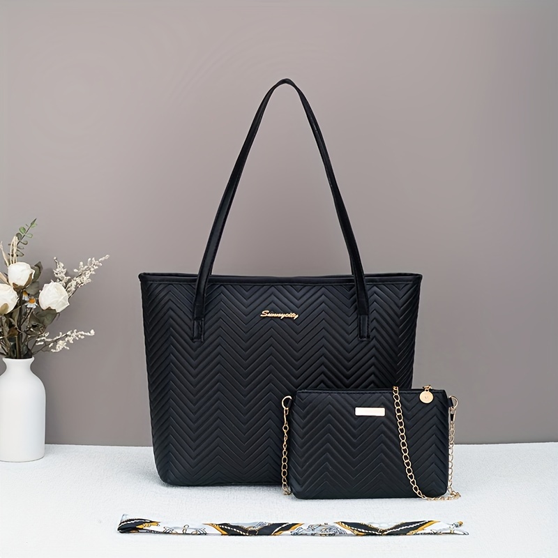 Fashion Embroidery Thread Solid Bag Textured Minimalist Water Ripple Tote Bag Metal Chain Crossbody Bag Two-piece Set