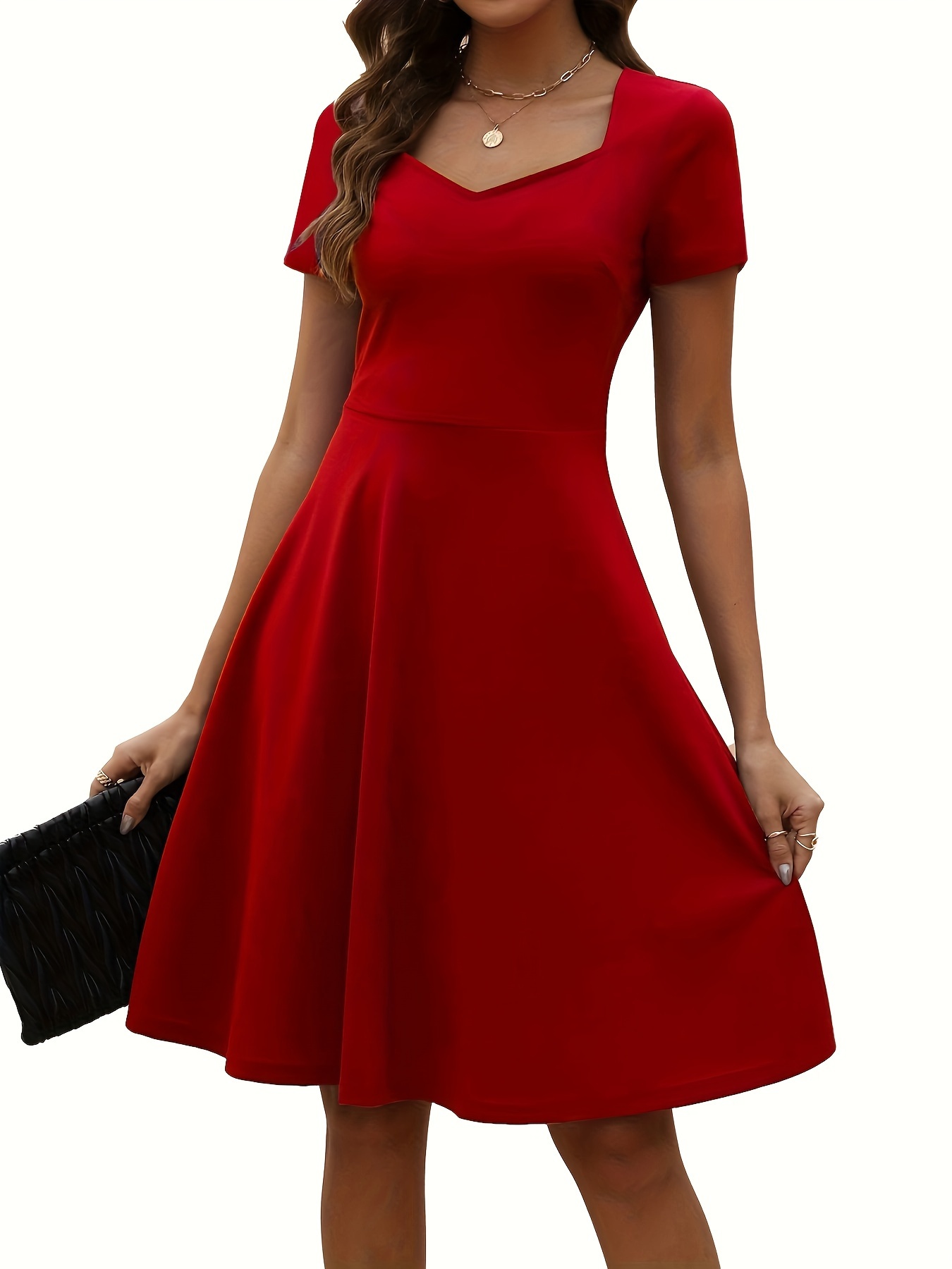 Stijlvolle Rode A-Lijn Midi Jurk voor Vrouwen Vintage Geïnspireerd  Ontwerp met Diamanten Kraag, Korte Mouwen, Rekbare Polyester Mix, Perfect  voor We
