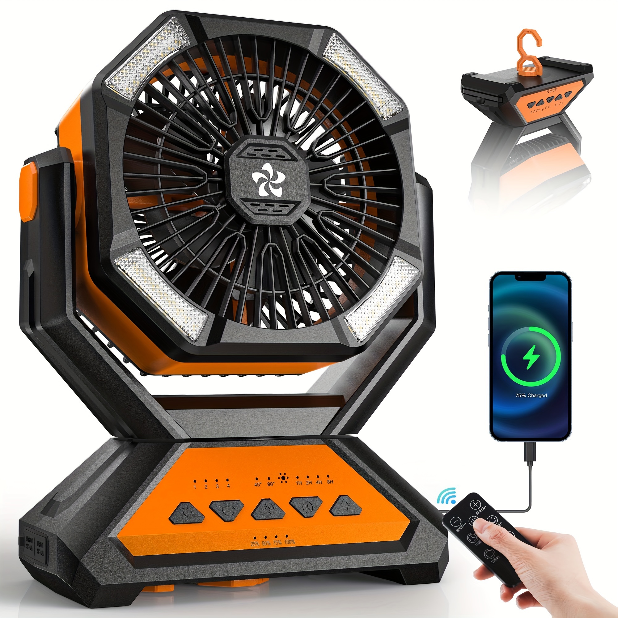 

20, 000mah Portable Fan With Led Light & Remote Control - Usb Rechargeable, 3- Adjustable, 180° , Long- For Camping & Outdoor Use, Fan Portable