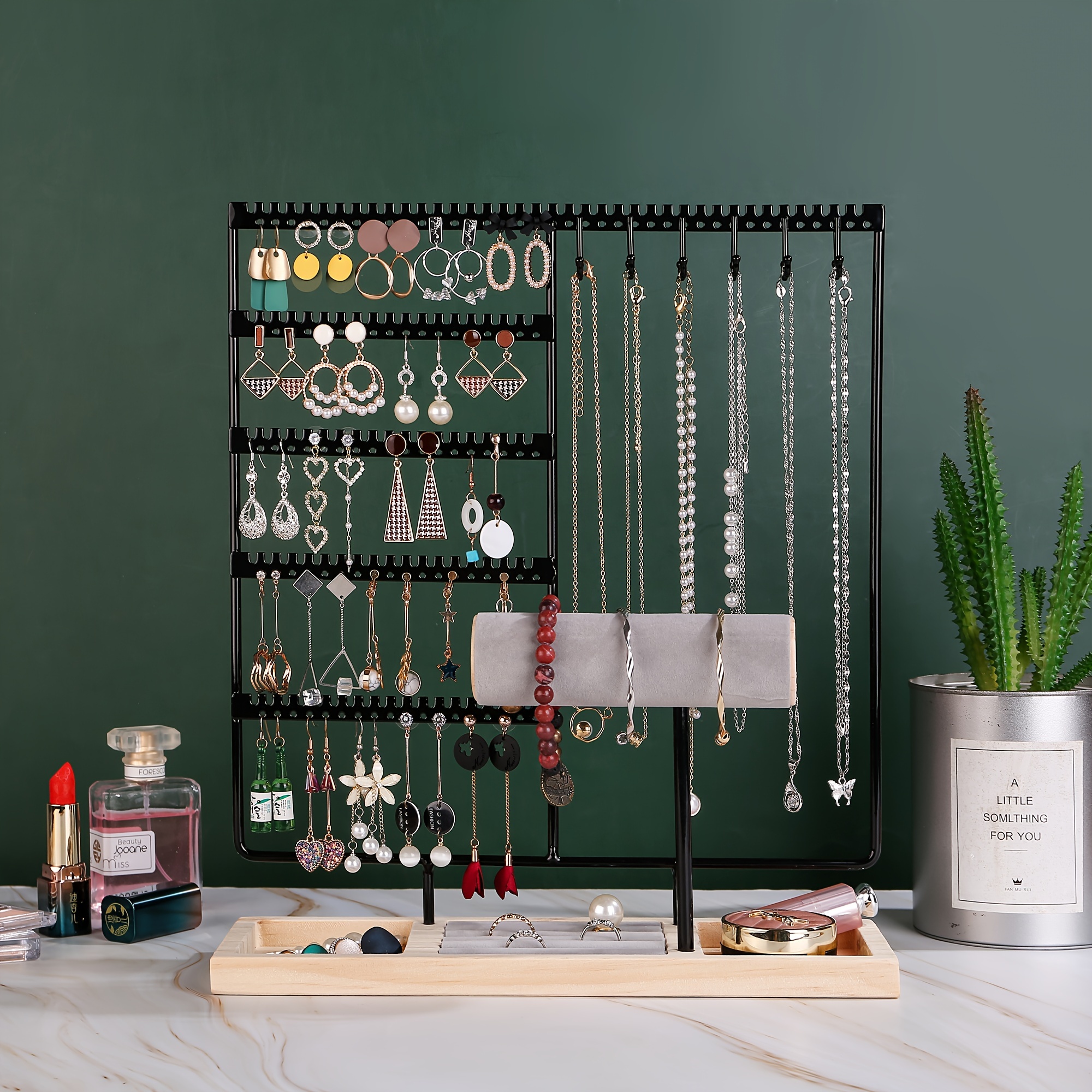 jewelry holder organizer stand tree for earring necklace ring bracelets display and storage with 90 holes 12 hooks ring tray 10 wooden bracelets slots