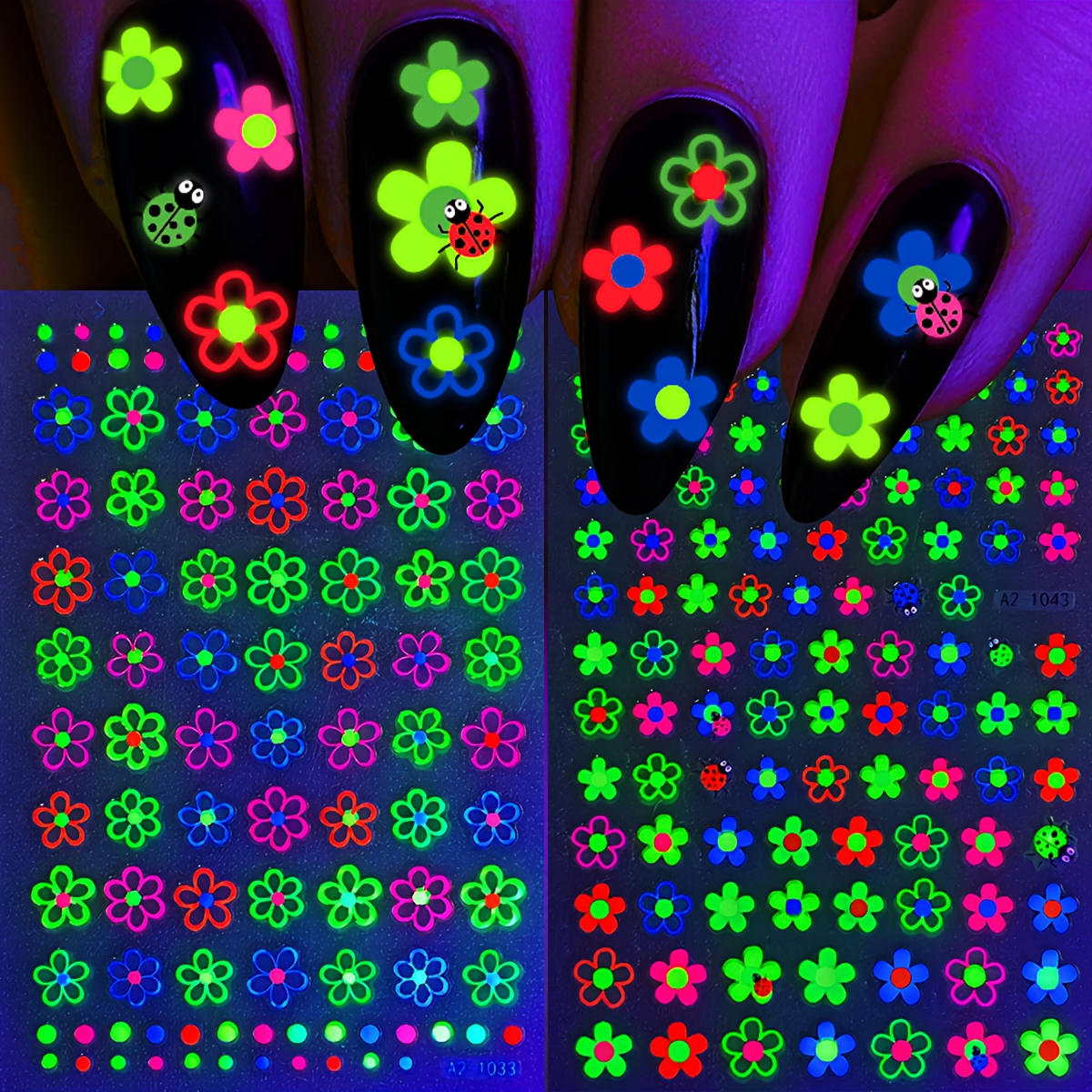 2pcs Glow In /blacklight Neon Floral Nail Stickers - Self-adhesive Pet Flower Nail Art Suitable For Women, Diy Glow Under Light For Parties, Clubs, Prom, Application & Removal