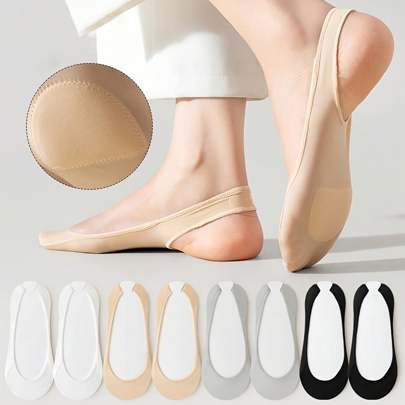 TEMU 4 Pairs Women's Sponge Sole Boat Socks, Shallow Mouth Socks, Crystal High Heels, Heel-less Invisible Socks, Bottom Curved, Hollow Wide Band
