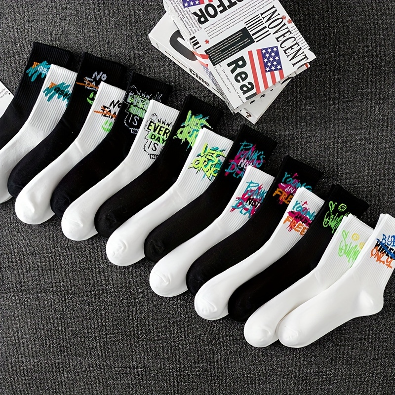 

3/5/10 Pairs Of Men's Street Style Pattern Crew Socks, Comfy Breathable Casual Soft & Elastic Socks, Spring & Summer