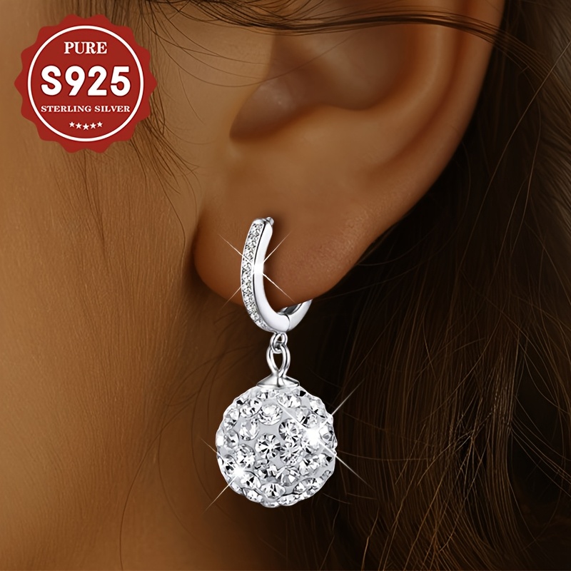 TEMU A Pair Of S925 Silver Women's Fashionable Drop Earrings | Sparkling Ball Earrings, Shiny , Exquisite And Stylish, Suitable For Parties ,
