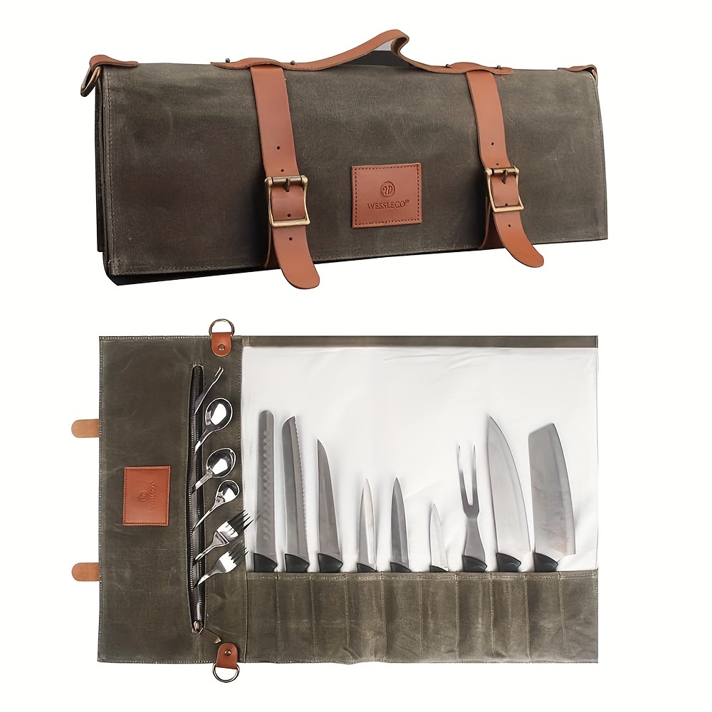 

Premium Nylon Chef Knife Roll Bag - Waxed Canvas Kitchen Utensil Carrier With Secure Pockets