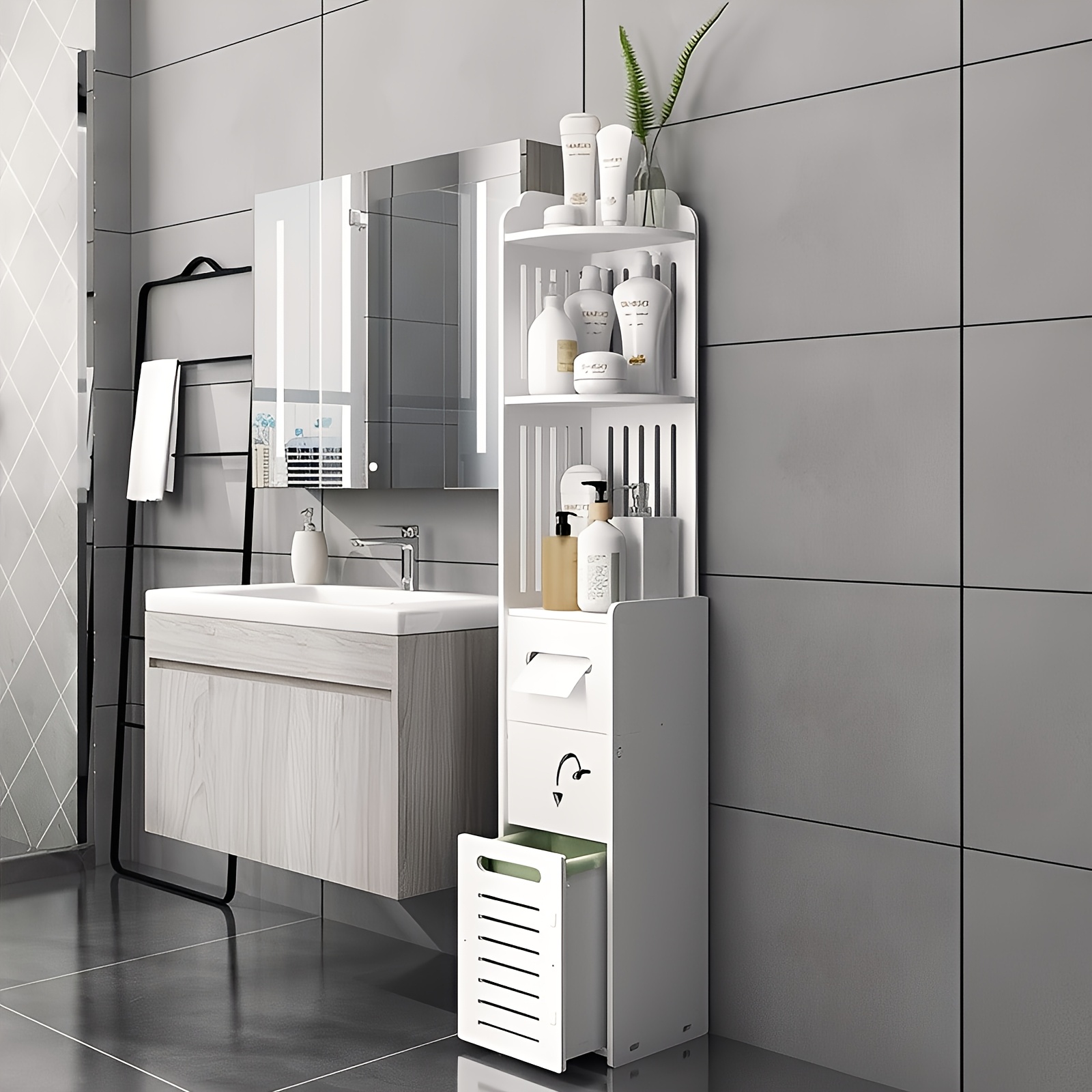 TEMU Wooden Bathroom Cabinet With Trash Can & Toilet Paper Holder, Freestanding Narrow Storage Rack For Bathroom Hallway Living Room, 120×20×19.5cm