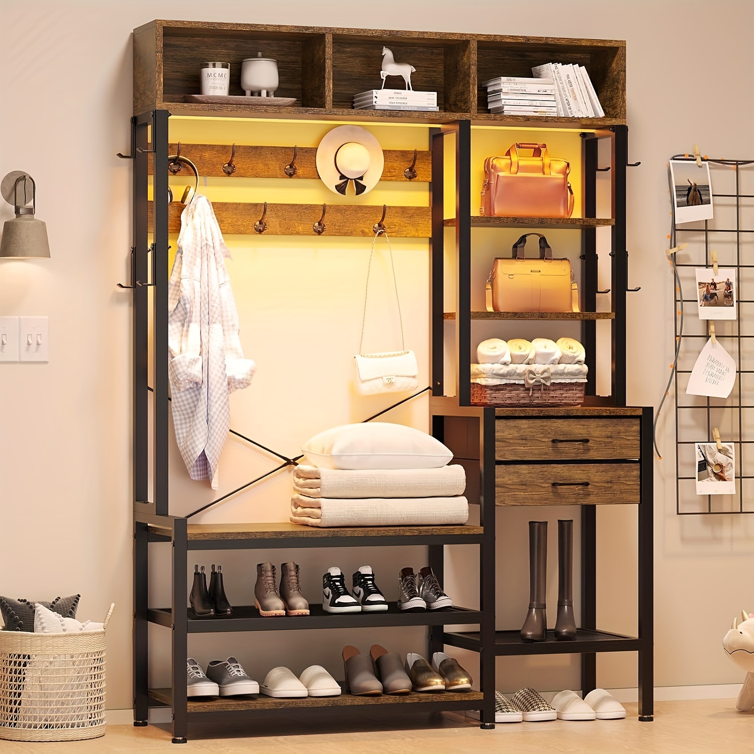 Hall Tree With Bench And Shoe Storage - Freestanding Coat Rack With 5-Tier Shelves, Entryway Organizer For Mudroom, Brown