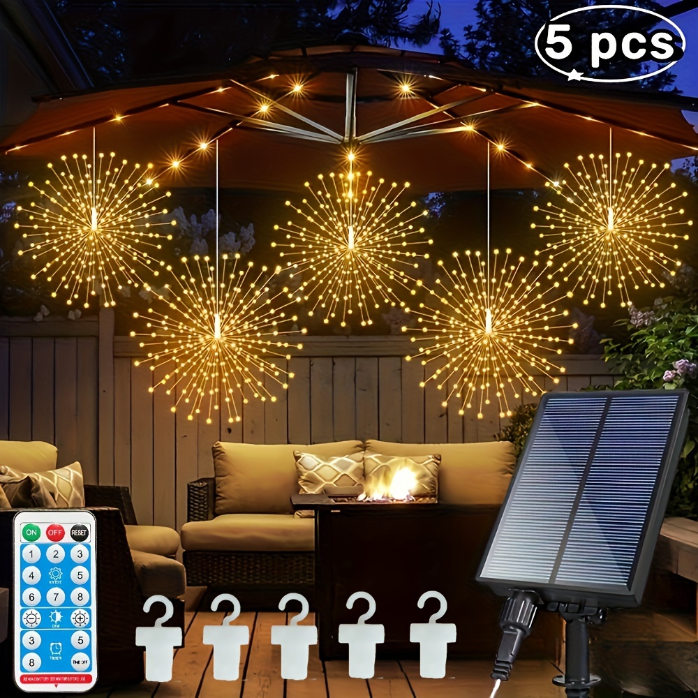 

5pcs 450leds Solar Starburst Sphere Lights, Firework Lights Remote Control Timer 8 Modes Dimmable Ip65 Waterproof Hanging Fairy Lights, Copper Wire Sparkly Lights For Patio Party Tent Christmas