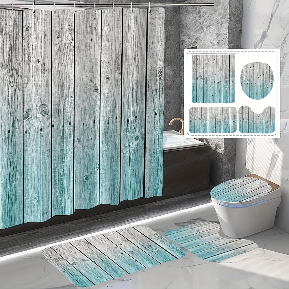 

1/4pcs Wooden Plank Pattern Bathroom Shower Curtain Set, Waterproof Curtain With Plastic Hooks, Rustic Farmhouse Wood Print Bath Mats, U-shaped Pad, Toilet Lid Cover, Decorative Bathroom Accessories