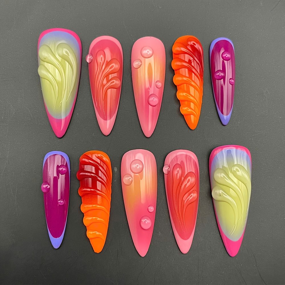 TEMU 24 uñas postizas largas de , de pegamento 3D con diseño de combinación , parches de uñas brillantes desmontables