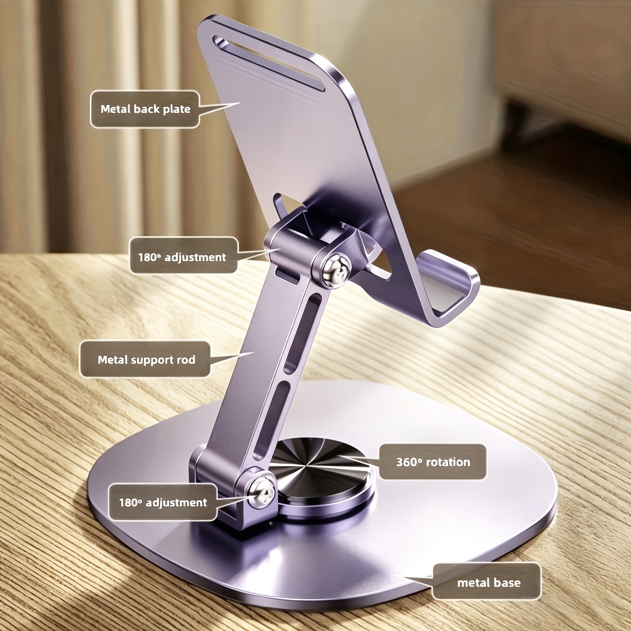 Phone Stand, 360° Rotating Desktop Stand, Adjustable Foldable Design Phone Holder, Metal Phone Stand, And Support Rod, Universal for Phones And Tablets, Suitable for Office, Home Office, Desk, Bedside Use, Desktop Accessory