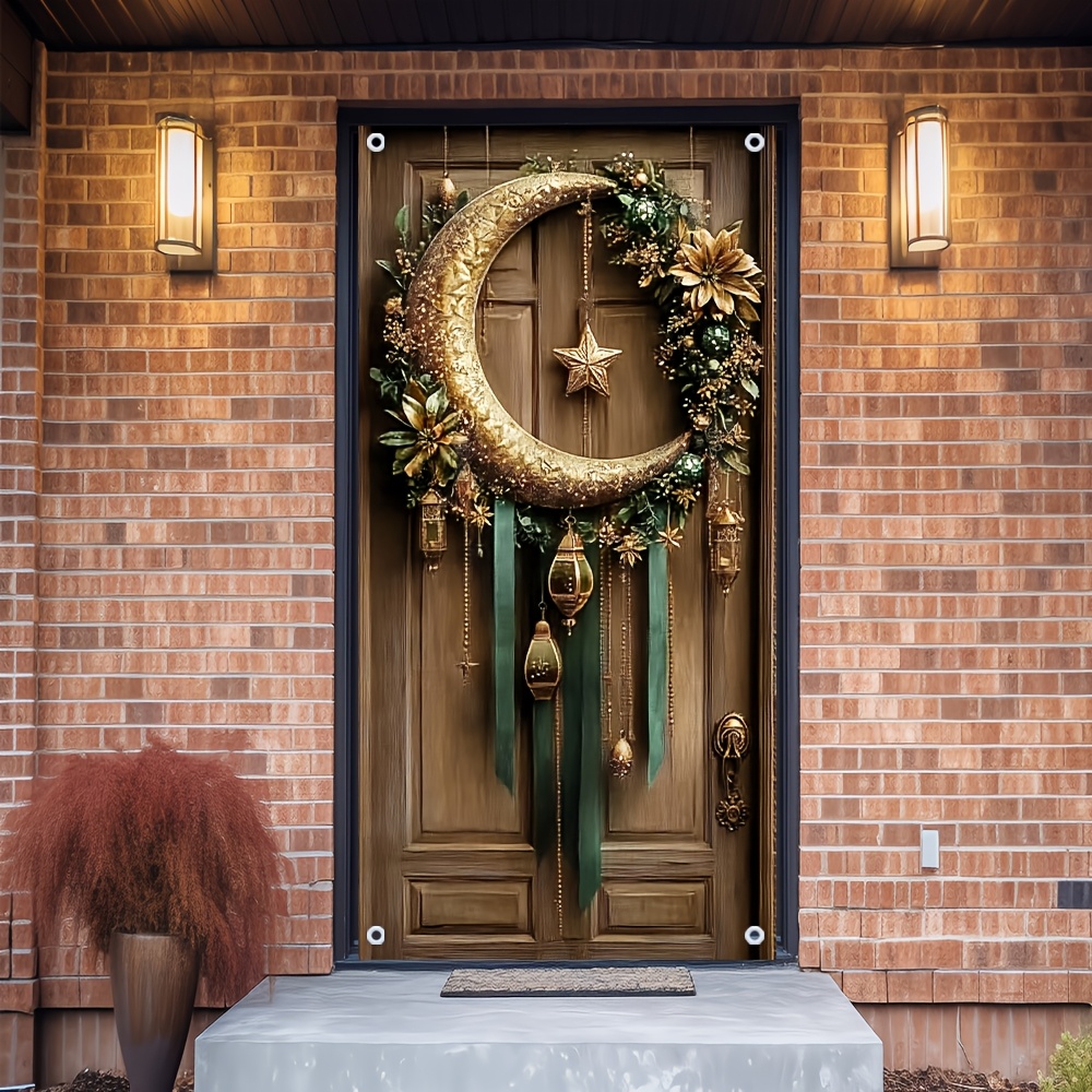 

1pc Elegant Golden Wreath - Polyester, Reusable Door Decoration With Green Leaves & Bells, Eid Celebrations, Festivals, And Seasonal Events, Wreaths For Front Door