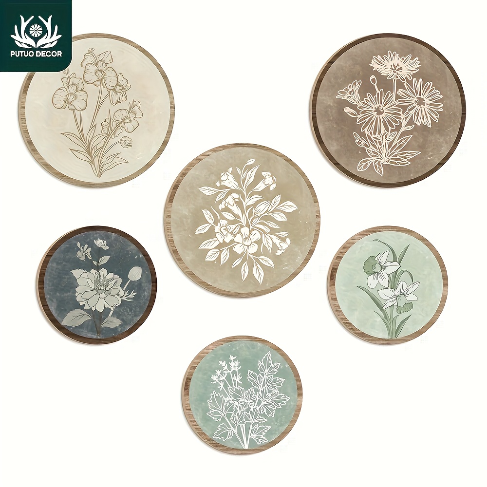 TEMU Wall Stickers And Wall Decorations > Wall Stickers Putuo Decoration 6pcs Set Of Classic Elements Circular Wooden Wall Stickers, Home Farmhouse