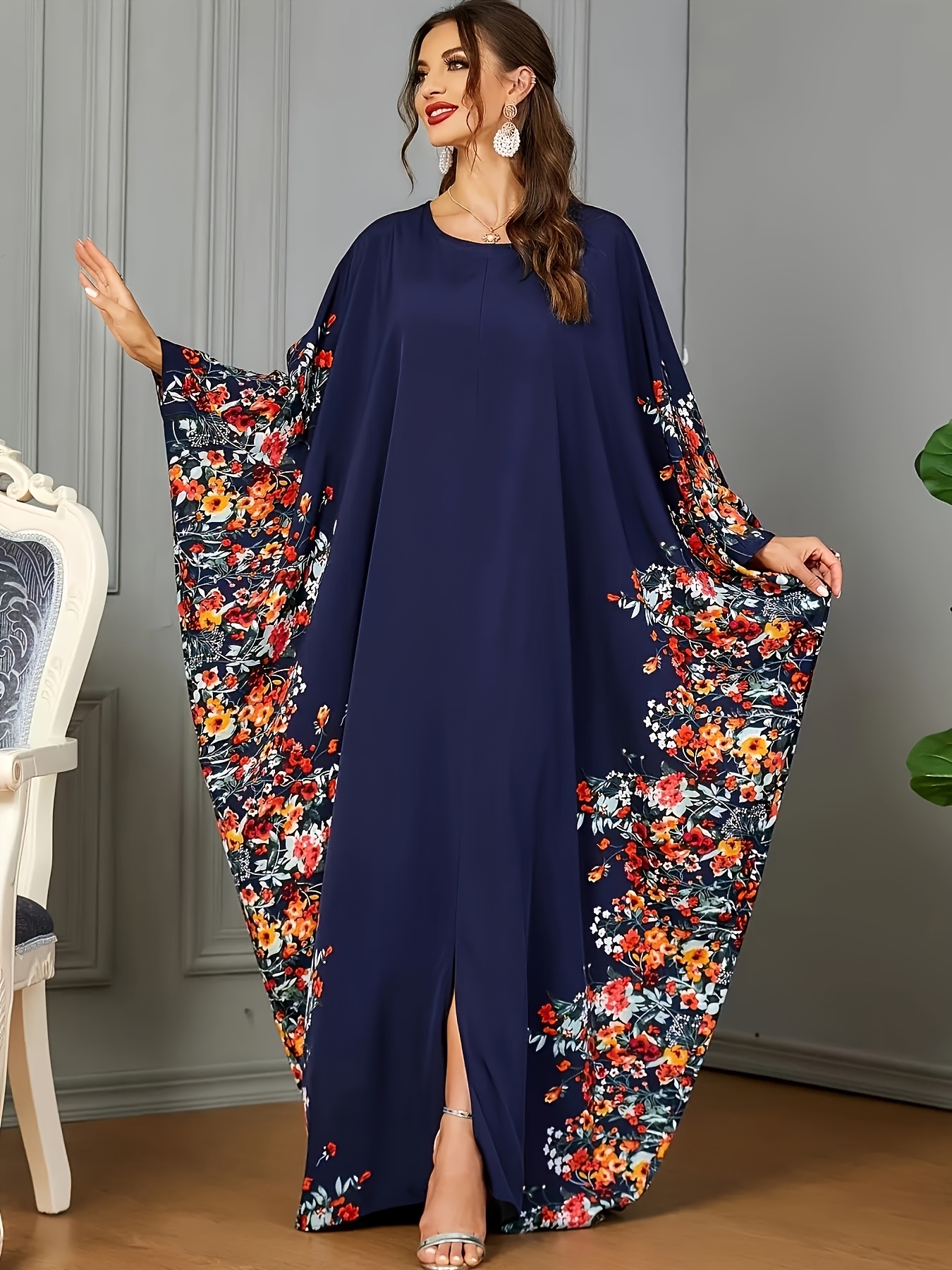 chinese dress ladies Kaftan Dresses for Women Floral Print Long Robe Ramadan Abaya Maxi Dress  Long Sleeve Muslim Eid Outfits Turkish Prayer Clothes Arabic Pakistani  Ethnic Dresses Islamic Robe Blue X-Large at Amazon Women's Clothing main image 1