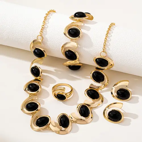 an elegant and sexy exaggerated womens necklace earring bracelet and ring set featuring geometric spiral with black acrylic banquets parties and festive occasions