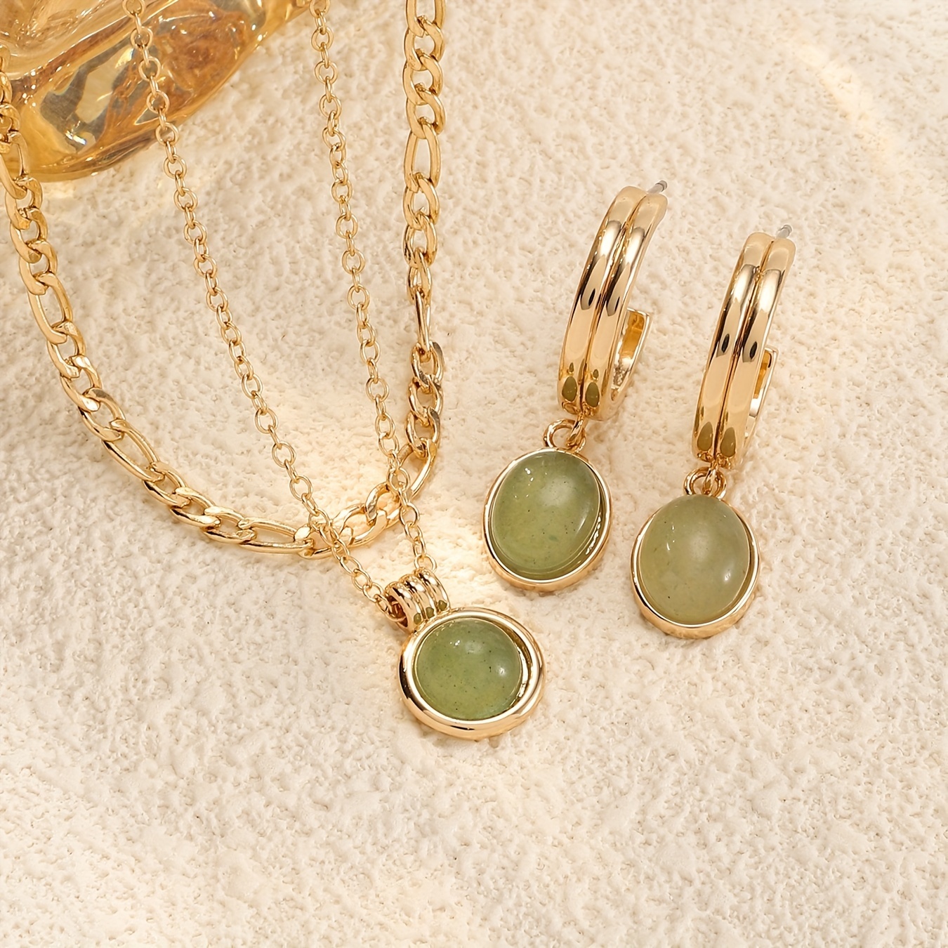 

Simple Green Dongling Natural Stone Necklace Chain Plated Jewelry Earrings Necklace Set