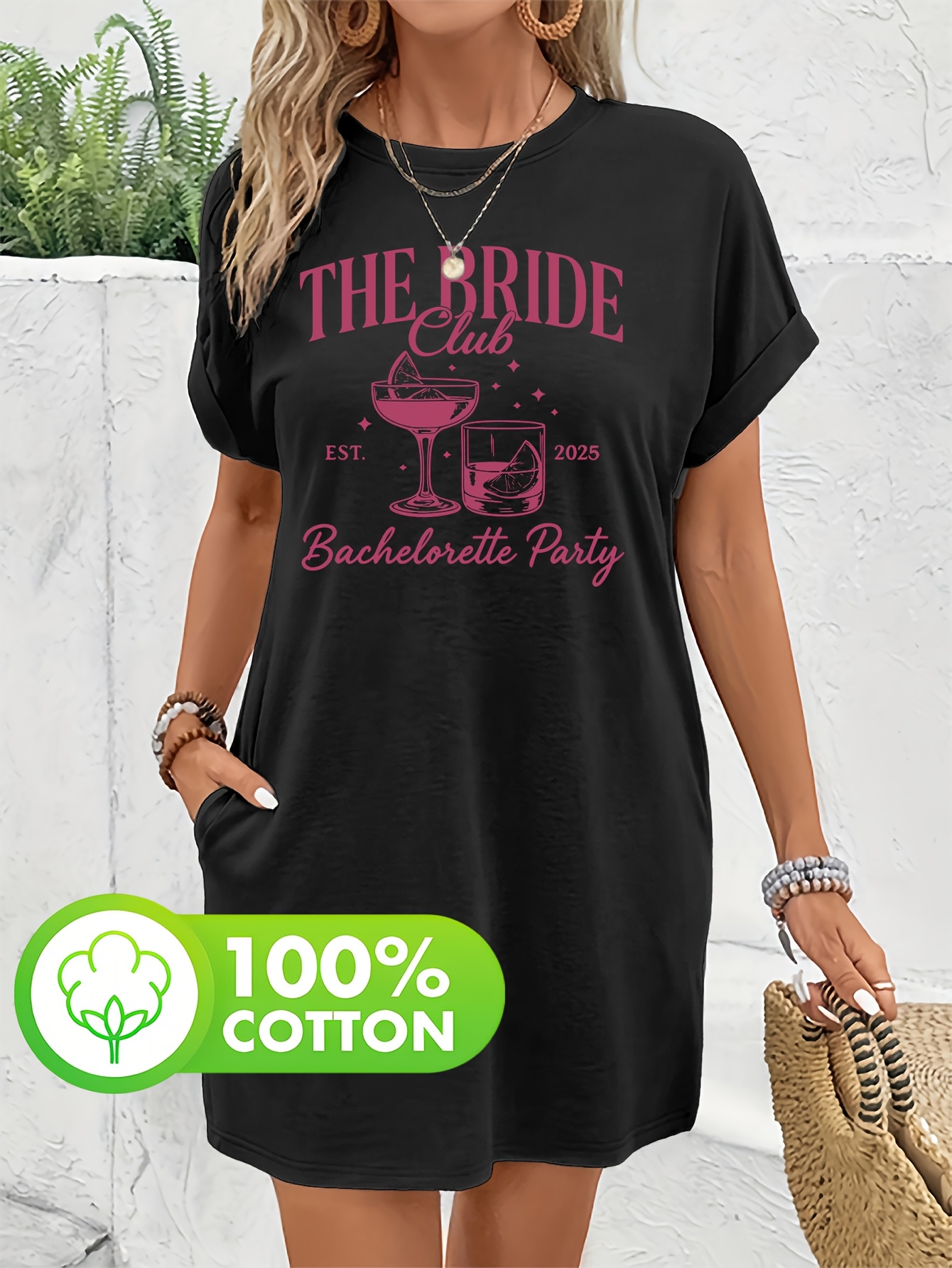 bride  -haljina za djevojačku večer s natpisom i printom pijetlovih repova, 100% čisti okrugli izrez s džepom i kratkim rukavima,   s šišmiš rukavima, elegantna haljina u stilu influensera s nabranim rukavima, mekana i udobna za svakodnevno nošenje kod kuće   putu, novi stil za