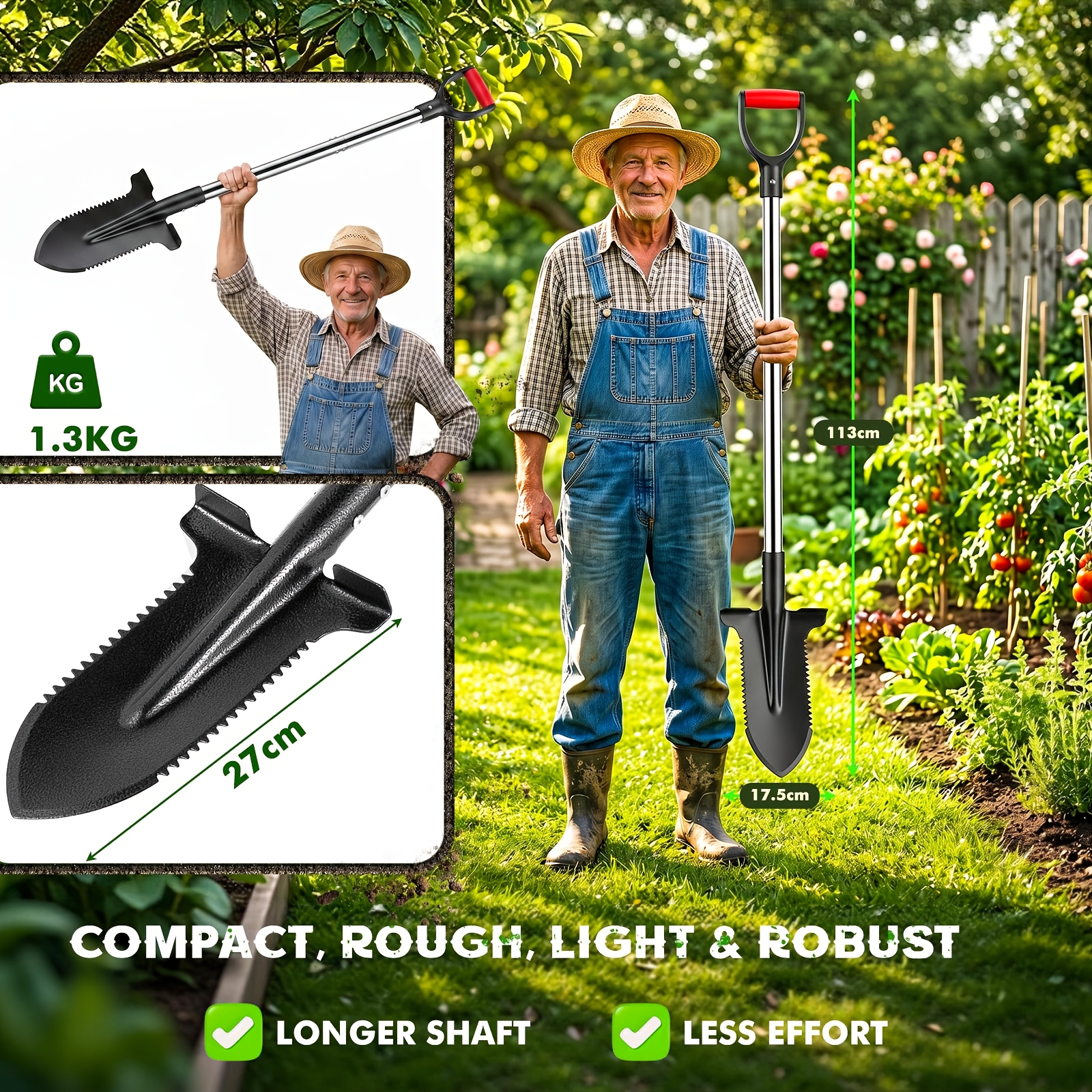 Image of Garden Shovel Metal, 113cm Compact Camping Shovels With Grip Handle, Spade For Lightweight Digging Tool For Planting, Weeding, , Black