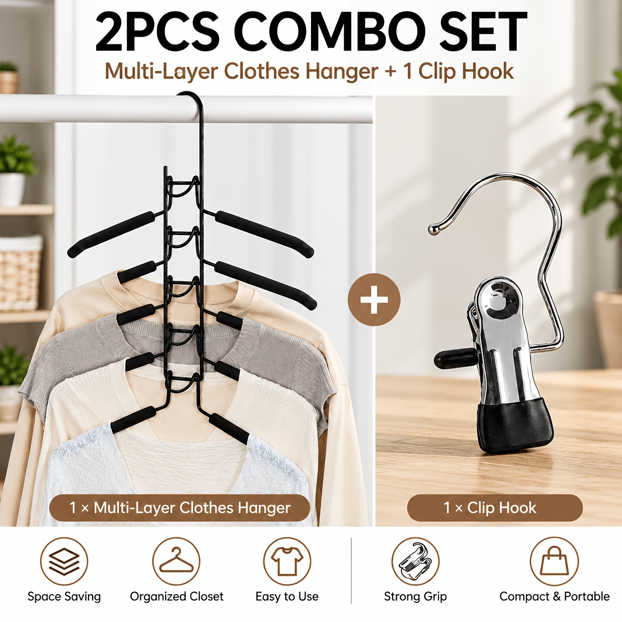 TEMU Set Combinato 2 pezzi, Grucce X 1 pz e Clip per Vestiti X 1 pz, Organizer Multifunzionale per Armadio, per Appendere Cappotti, Abiti, Magliette,