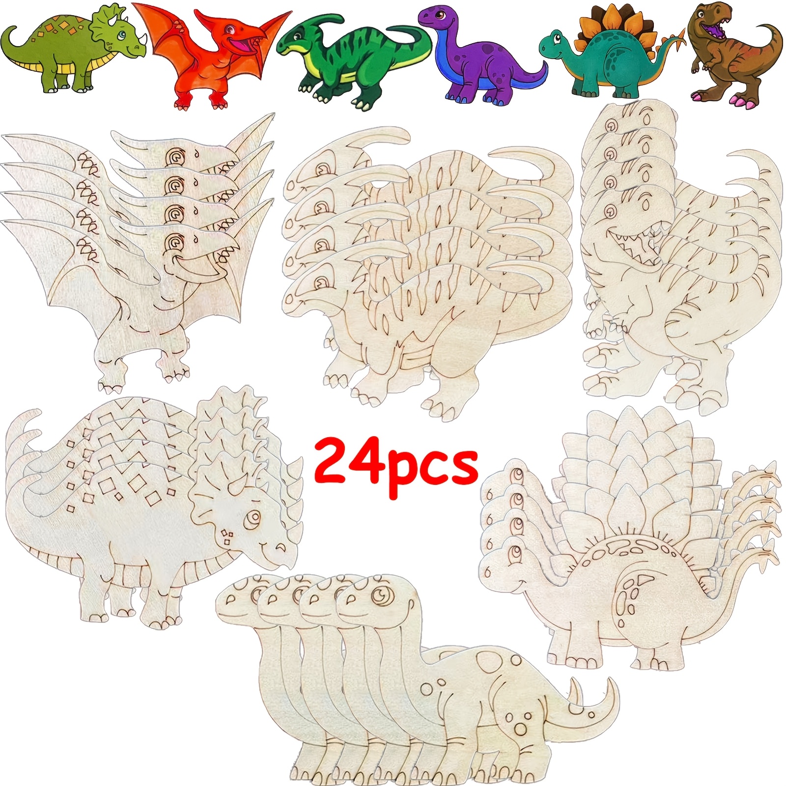 24pcs Kids Dinosaur Diy Craft Kit - Children's Wooden Crafts, Kids Dinosaur Craft Set, Birthday Crafts, Children' Kit, Includes 24pcs Wooden Dinosaurs - Birthday Party Diy Kit, Craft Making Diy Crafts
