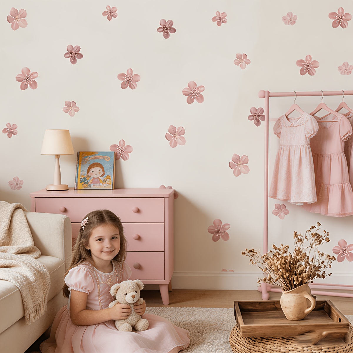 Image of 2pcs/30x30x2 Cherry Wall Stickers, Self-adhesive Removable Matte Floral Decor, Soft Light-colored Flower Mural, Suitable For Girls' Bedroom, Nursery, Kids' Room, Living Room And Wall Decoration