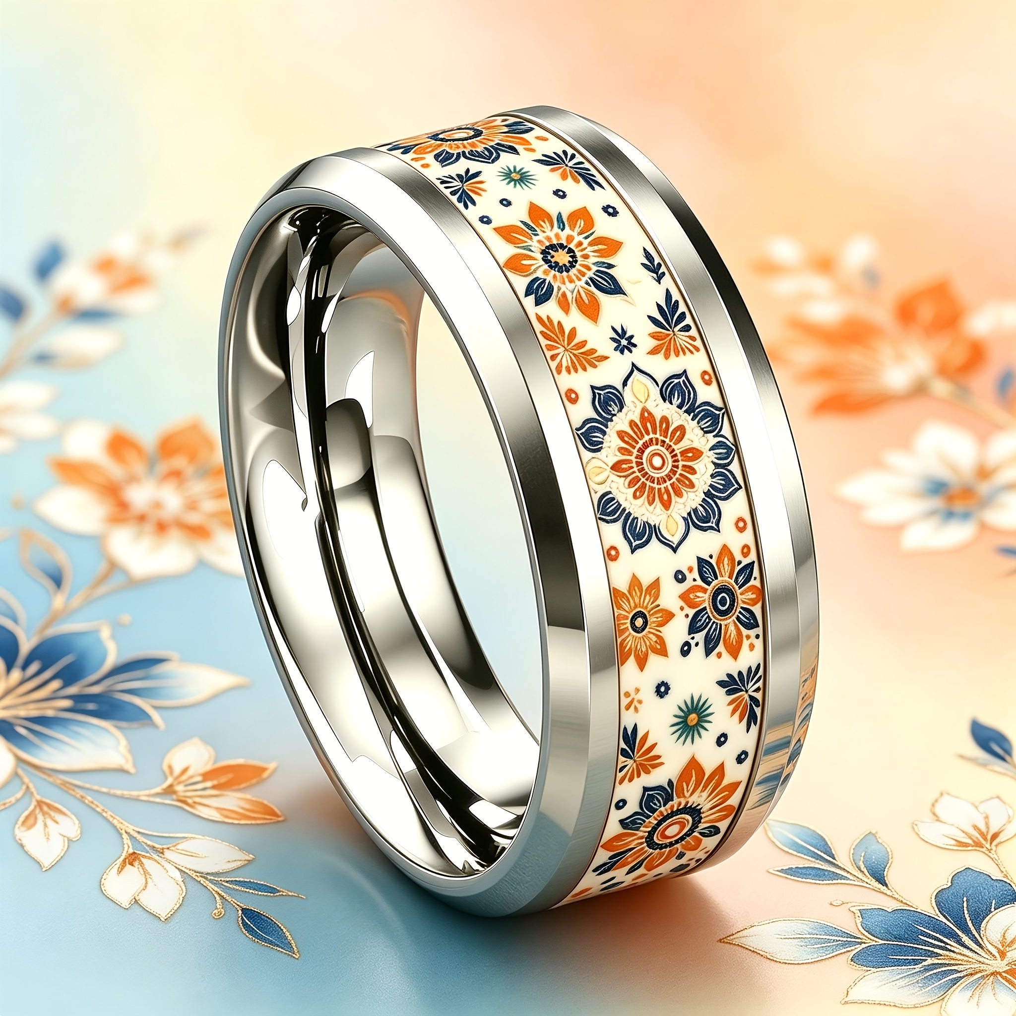 Exotic Entwined Floral Print 8mm Stainless Steel Ring