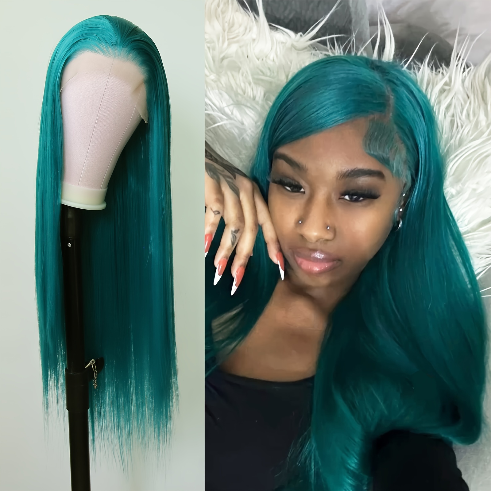 TEMU Honoeoy Emerald Green Synthetic Lace Front Wig - Glueless Heat Resistant 13x4 Lace, 180% Density Straight Hair For Women, All