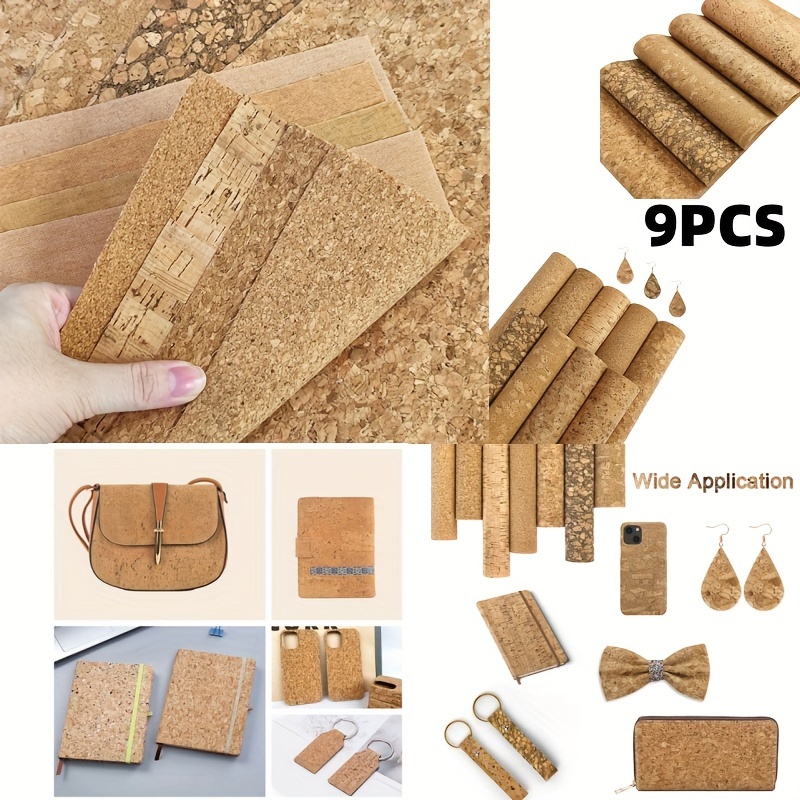 

9pcs 11.8x8.2in/30x21cm Feuilles de tissu en liège souple pour bricolage, liège vintage et uni, simili cuir pour boucles d'oreilles DIY, nœuds pour cheveux, fabrication de bijoux, travaux de couture.