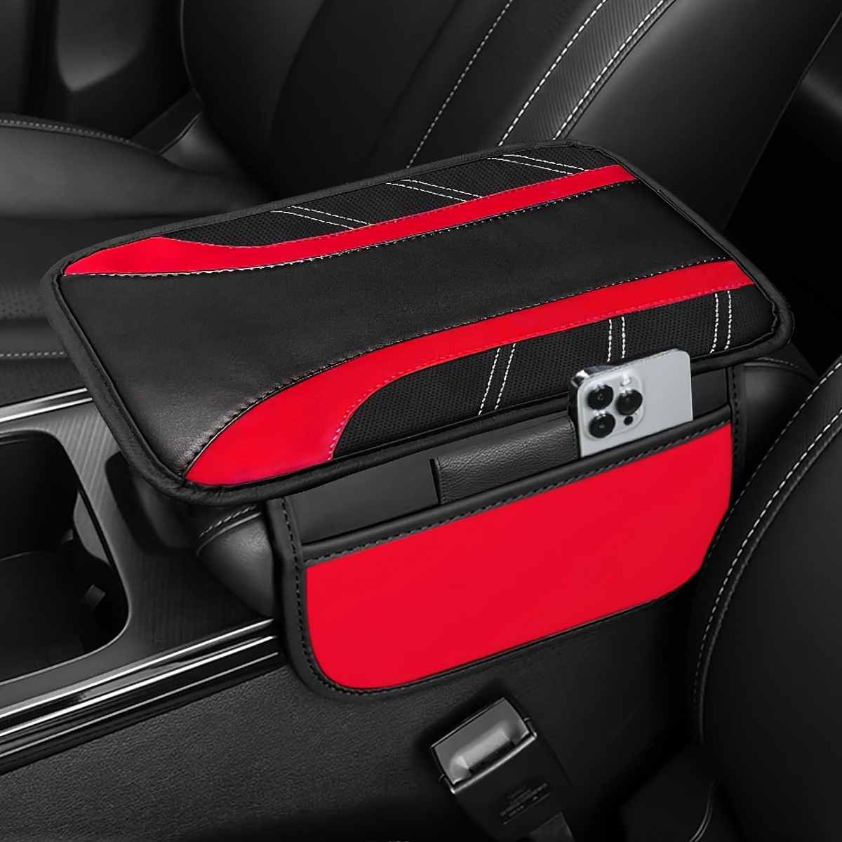 TEMU Pu Leather Car Armrest Cover With Dual-color Quilted Design, Car Armrest And Accessories > Size Car Armrest Cover, Easy To Store, Suitable For