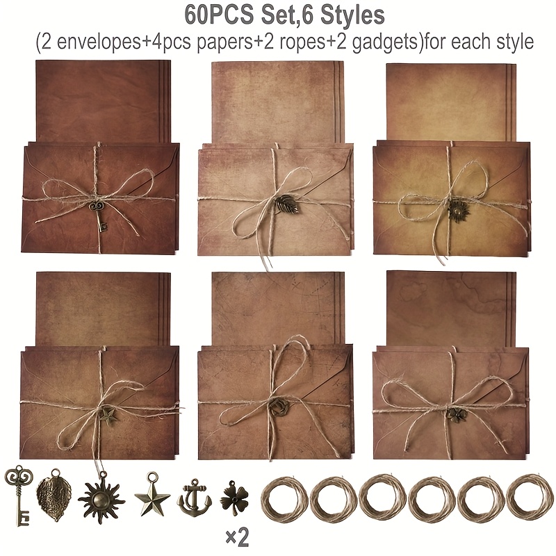 Image of 60pcs,vintage Paper Envelopes Hemp Rope Metal Decoration Set,writing Stationery Set With Letter Paper Envelopes Retro Accessories,perfect For Invitations Love Letters,party Favors
