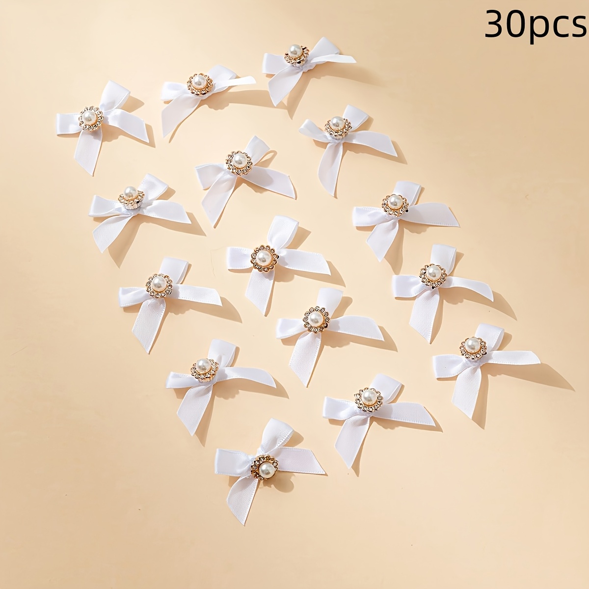 TEMU 30pcs Set Of Rhinestone-embellished Pearl Hand-tied Bows, Solid Color Satin Ribbon Hand-knots, Diy Lingerie Handmade Bows, Apparel Accessories,
