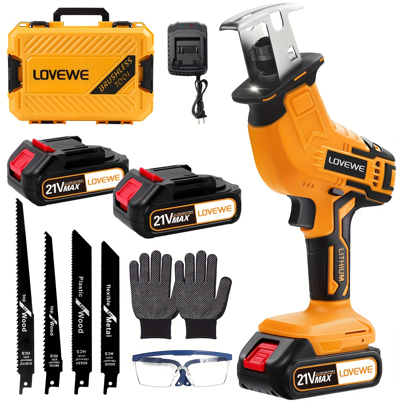 

Lovewe Cordless Reciprocating Saw, 2 Batteries, 3500spm Electric Reciprocating Saw, Blade Change, 4 Saw Blades Kit For Wood/metal/pvc Cutting, Reciprocating With Safety Lock