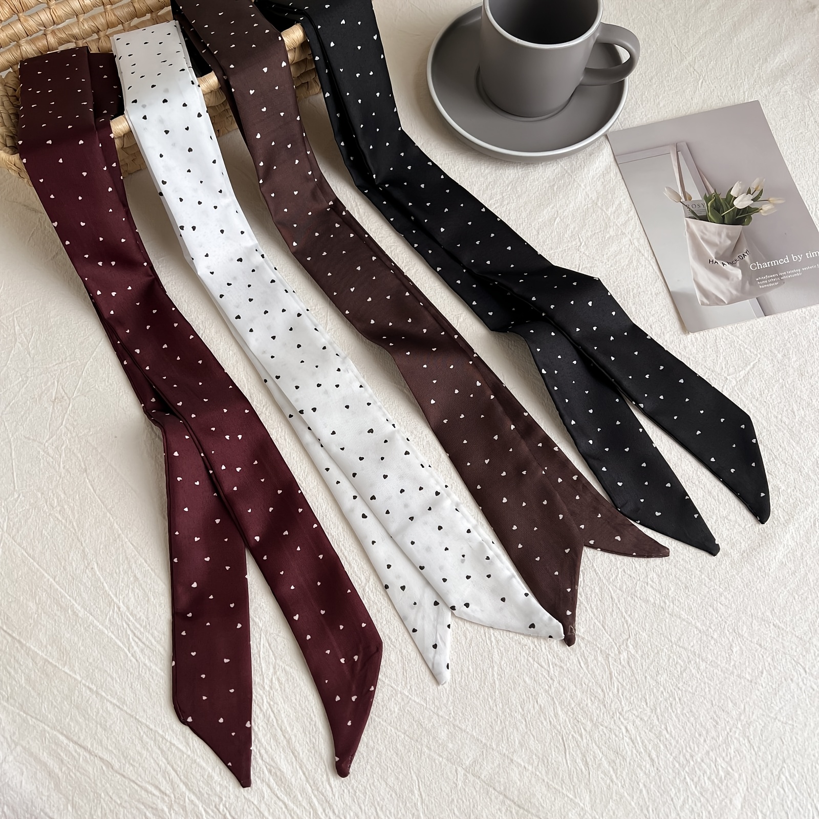 TEMU 4pcs Set Of Small Heart-print Satin Scarves For Hair Accessories, Multi-colored Thin Satin Ribbons For Women's Headwear, Multi-functional Neck