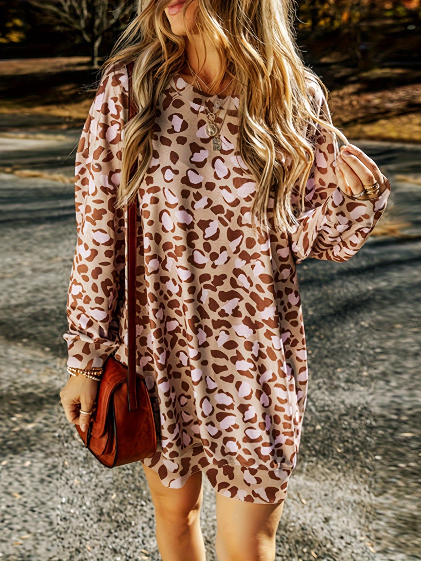 chic women's leopard block sweater dress casual long sleeve knit - Main Image