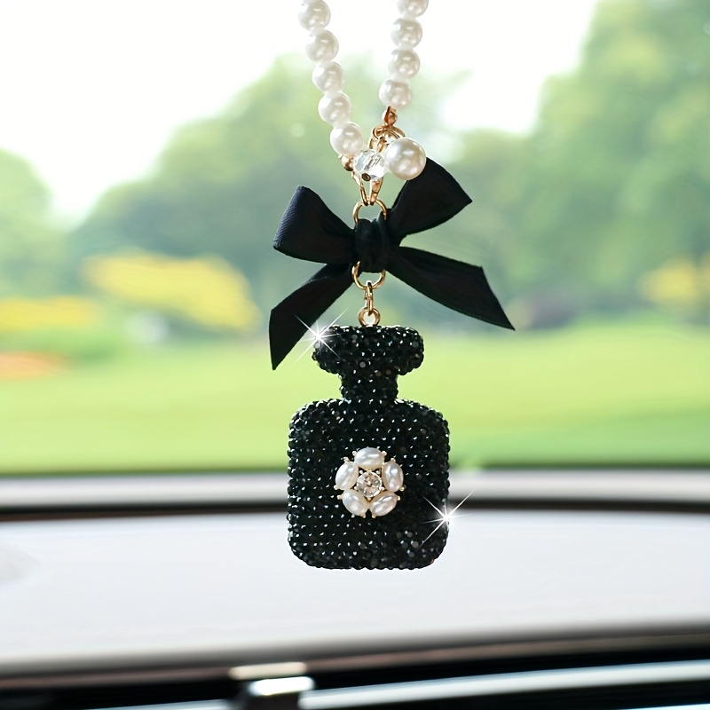 elegant black bow pearl car hanging ornament sparkling crystal perfume     metal   car mirror or keychain ideal gift accessory car mirror decor Product details 3