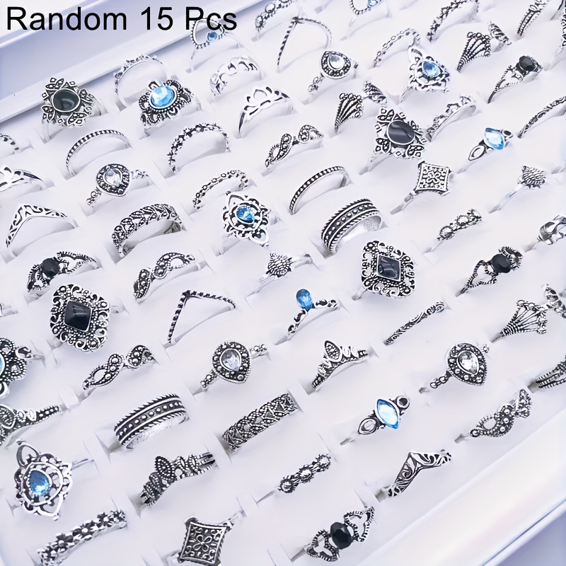 TEMU Ensemble aléatoire de 15/28 pièces de bagues pour femme, style bohème vintage, de avec strass et motif vieilli, accessoires de mode pour et les