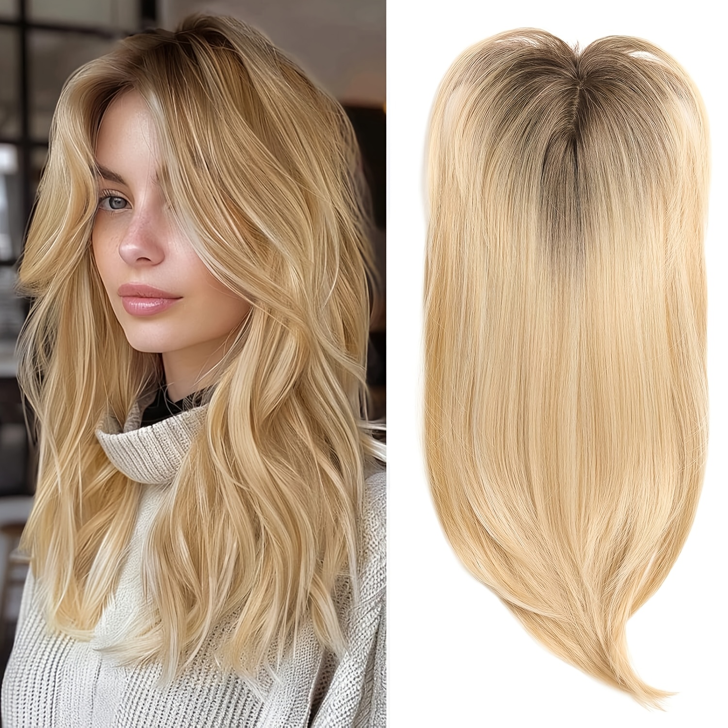 

22-inch (approximately 55 Cm) Light Golden And Blonde Mixed Synthetic Hairpiece With A Swiss Base And 3 Clips, Suitable For Thinning Hair And Gray .