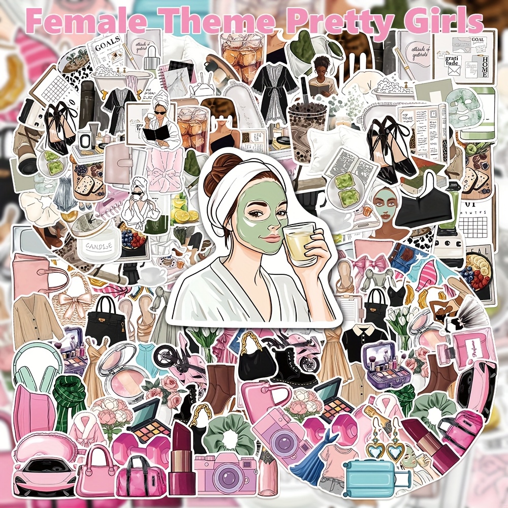 Image of 100pcs Women's Theme Pretty Girl Stickers Handbook Laptop Cell Phone Case Luggage Guitar Decorative Stickers