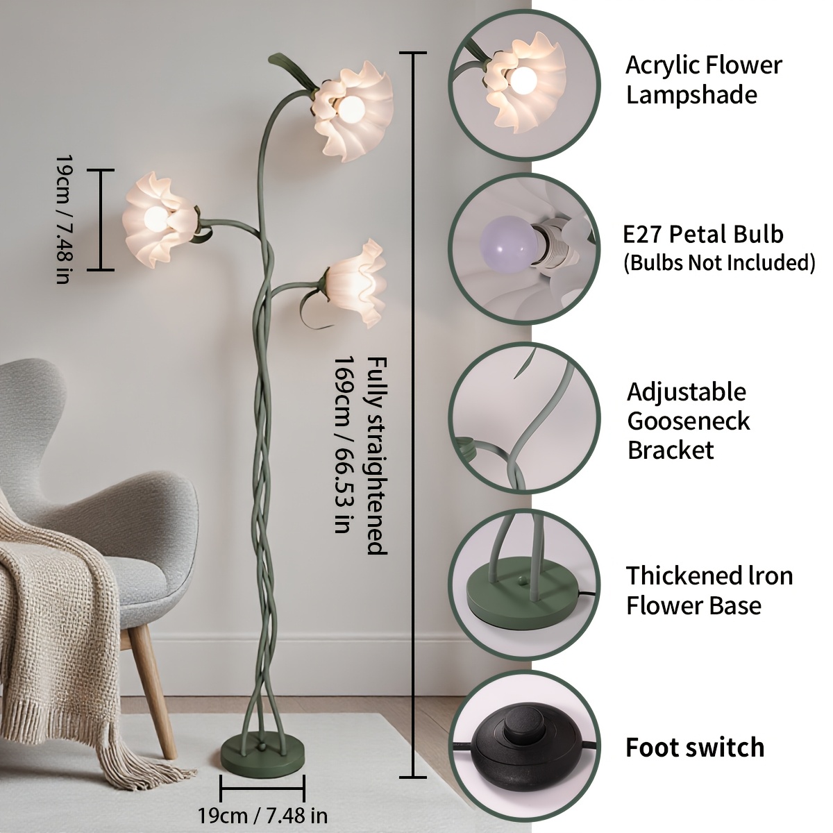 Lamp Living Room, European Iron Floor Lamp With 3 Rotating Flowers, 170 Cm Modern Floor Lamp, Suitable For Bedroom, Living Room, Study, Office, Excluding Light Bulbs