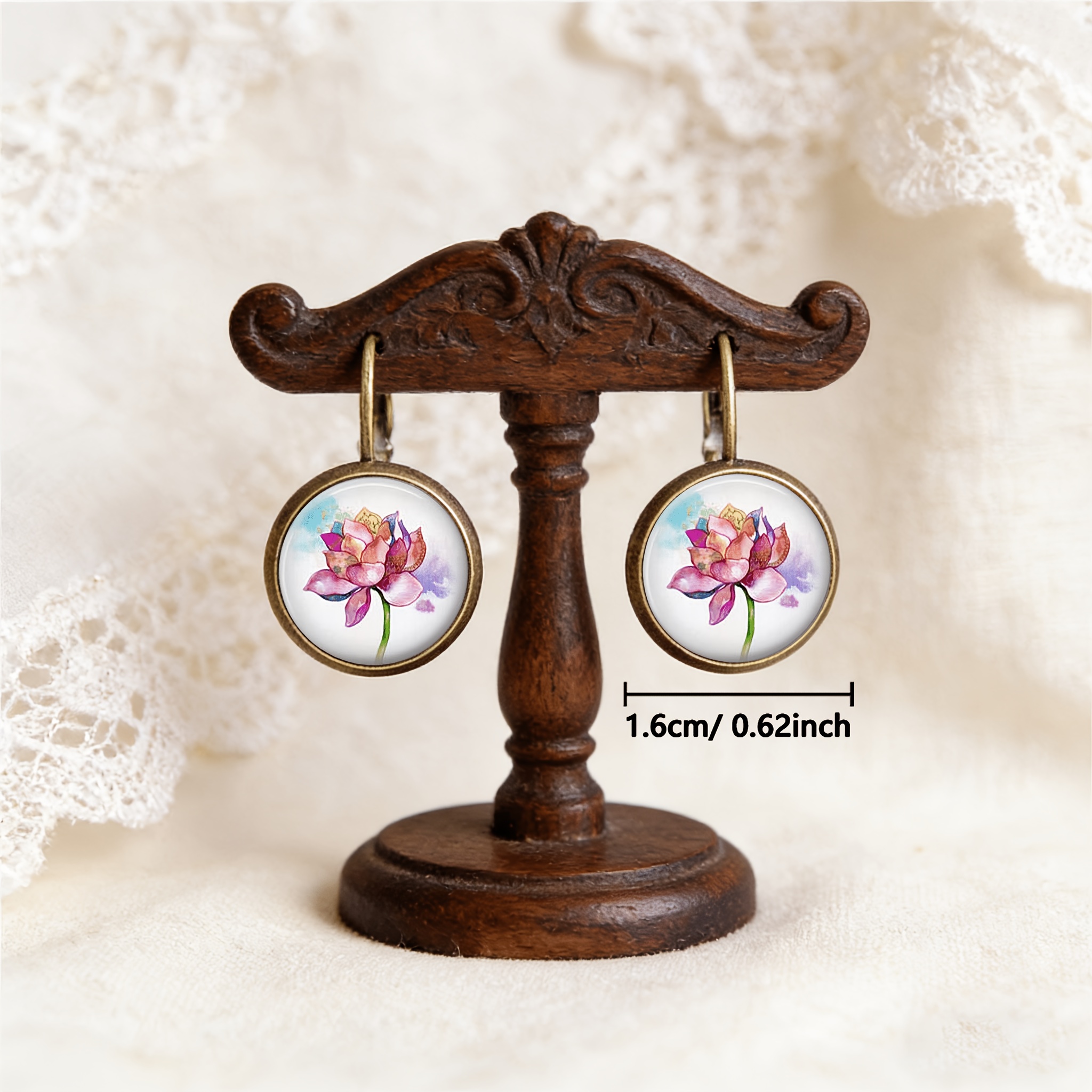 Cyan Round Classical Earrings with Lotus Petals, Elegant Design