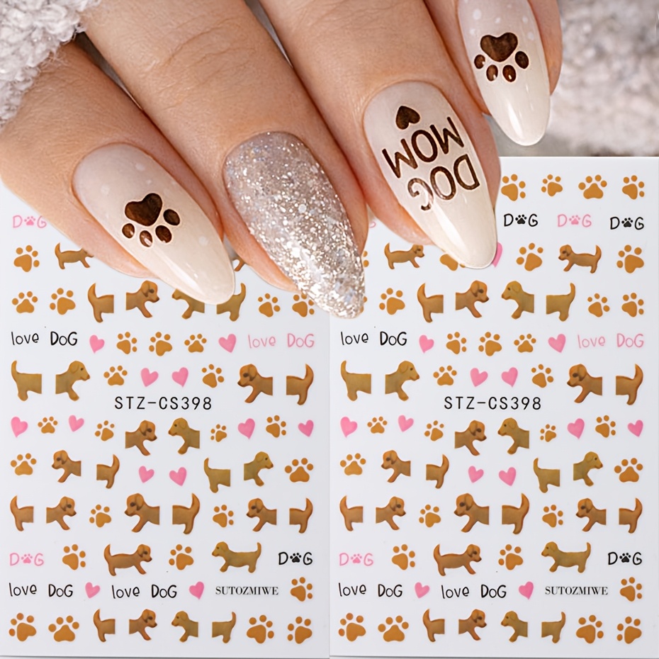 Image of 2 Sheets Cartoon Cute Dog Nail Art Stickers Brown Small Dog, And Pink Love Nail Self Adhesive Decals Waterproof Sliders Nail Gel Polish Diy Decoration