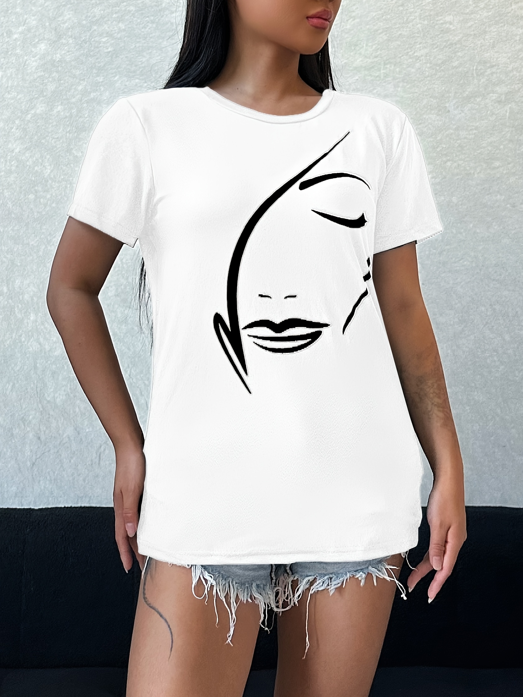 Figure Print Crew Neck T-shirt, Casual Short Sleeve Summer Daily Top, Women's Clothing