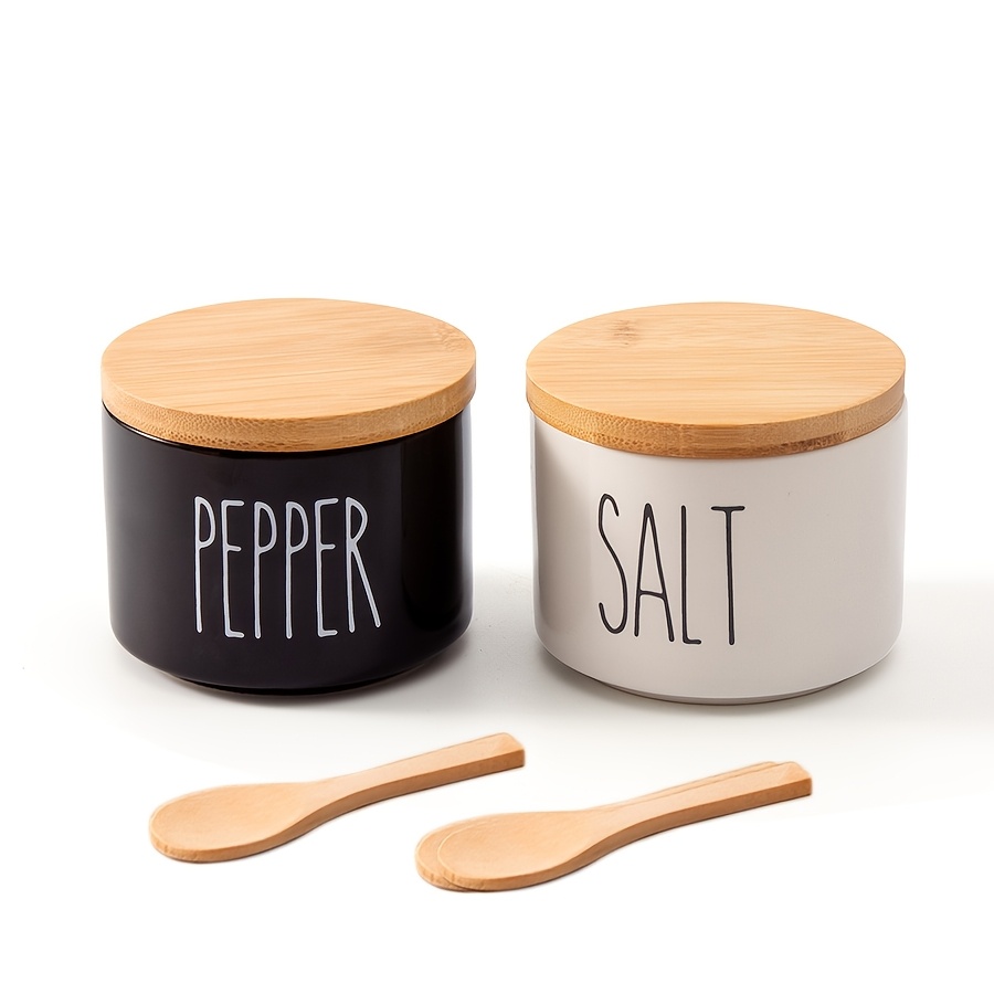 Image of Ceramic Salt And Pepper Bowls. Dual Holder With Lid. Black And White Stackable Salt Container Set. Salt Keeper, Pepper Bowl, 2 Airtight Wooden Lids. Salt Box Pinch Dish