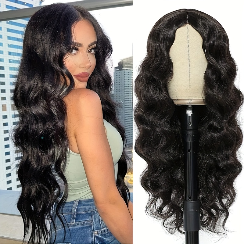 TEMU 26.77 Inch Long Black Loose Wave Wig For Women - Natural Looking Synthetic Heat Resistant Fiber, Middle Part Curly Wavy Style For Daily Use, Halloween & Cosplay