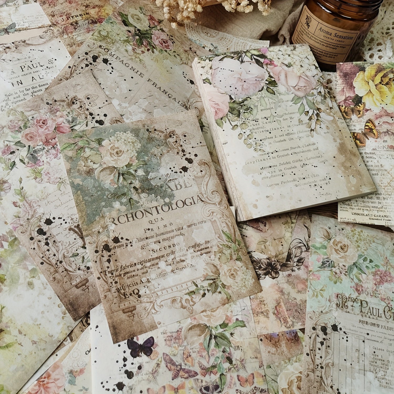 Image of 1 Book Of 100 Sheets Of Decorative Paper, Retro English Floral Decoration, Material Paper
