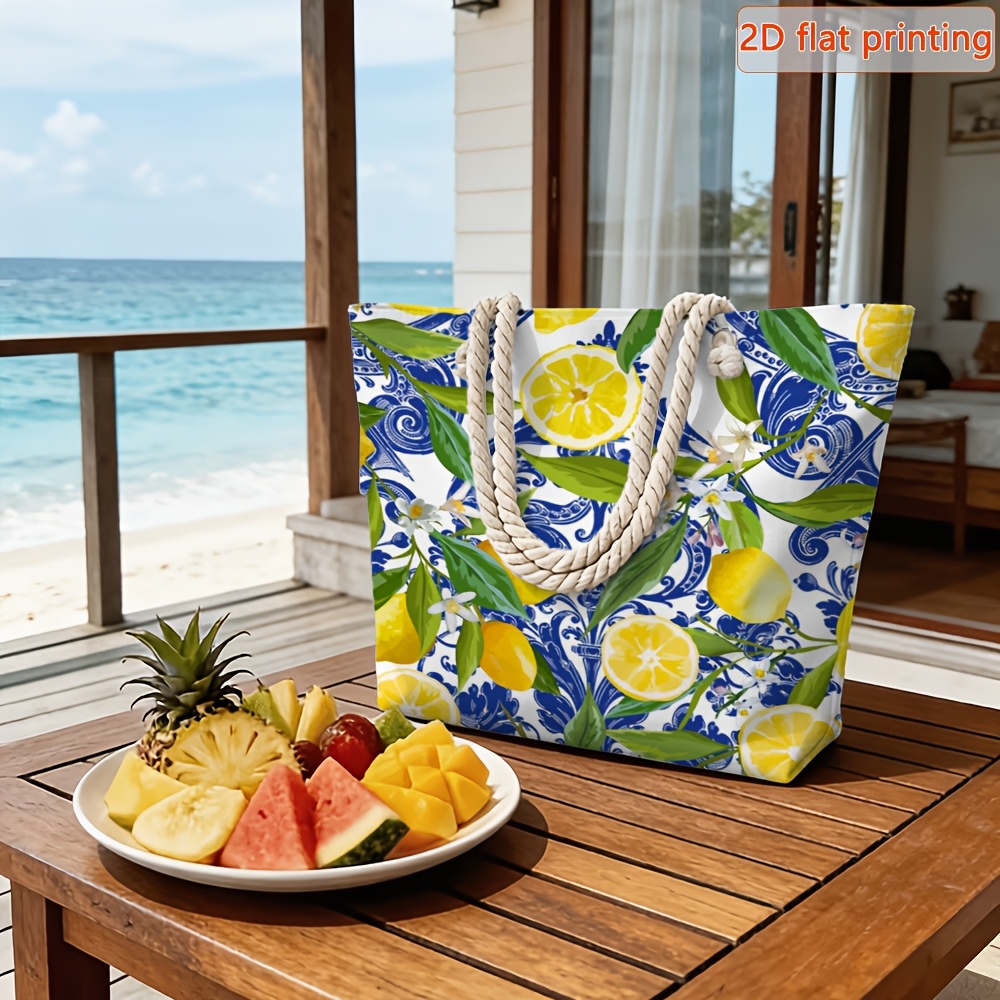 TEMU 1pc 2d Flat Blue And White Porcelain Lemon Print Pattern - Fiber Beach Bag, With Dual Comfortable Handles And Detachable Strap, Zipper Closure,