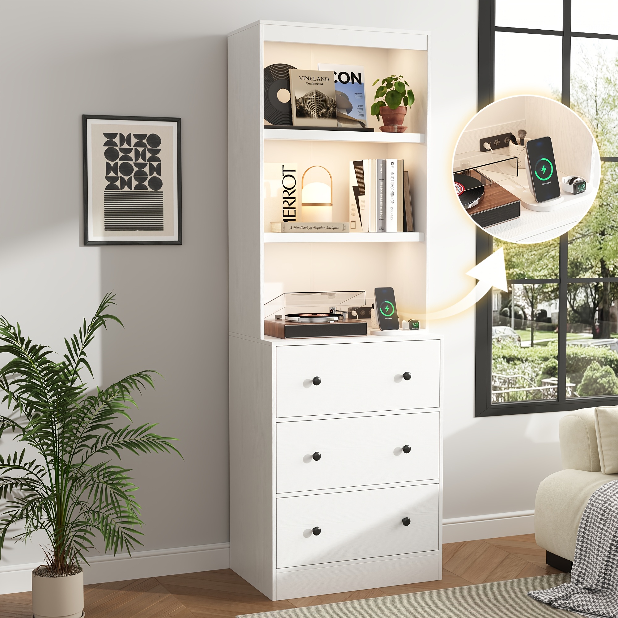 Wood Bookshelf with 3 Drawers - 6 Tier Freestanding Tall Storage Cabinet, Modern Floor Cabinet for Bedroom, Curio Cabinets with Storage for Living Room, Home Office